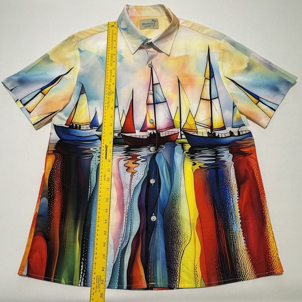 Royaura Men's Hawaiian Short Sleeve Medium Multi Color Sail Boat Print Shirt - Picture 3 of 14